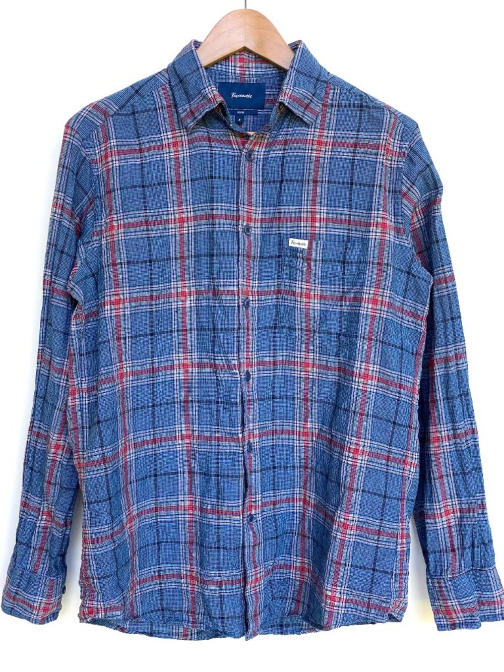 Faconnable Mens Linen Blue Red Plaid Shirt Size S